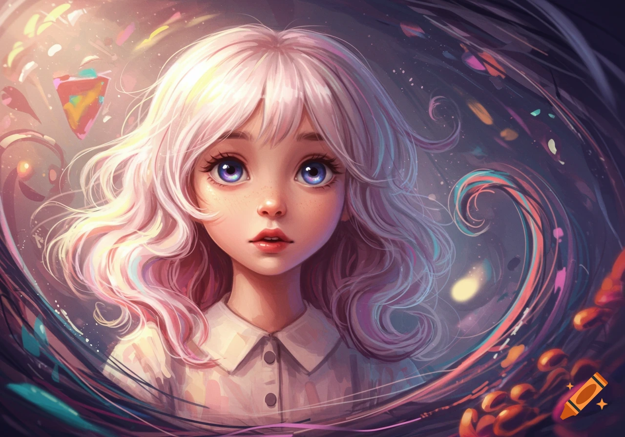 Anime portrait of a girl with pink hair and blue eyes, surrounded by colorful, swirling abstract patterns.