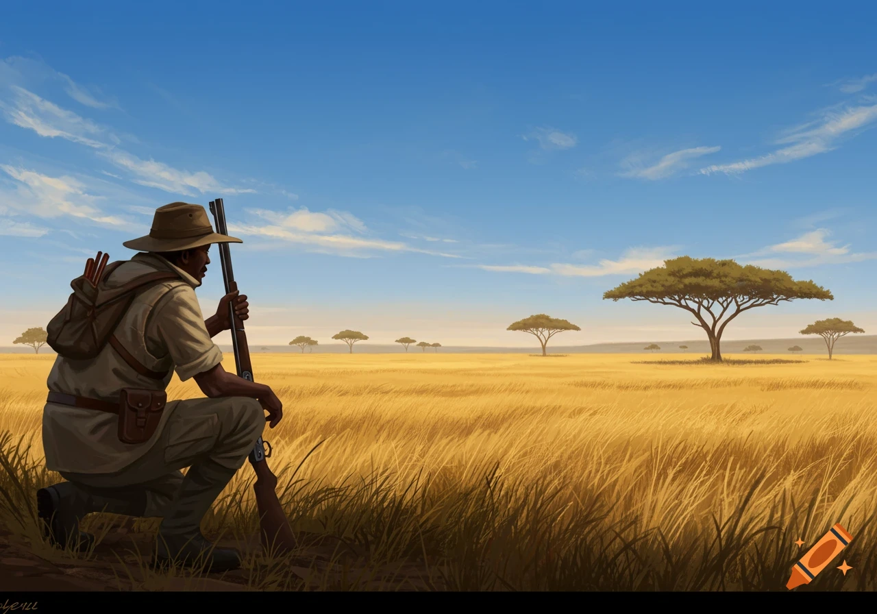 A hunter in a wide-brimmed hat and safari gear kneels with a rifle, overlooking a vast golden savanna with scattered acacia trees under a clear blue sky.