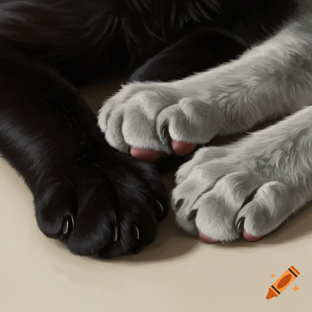 Close-up photorealistic painting of one black cat paw resting on two white cat paws with pink paw pads.