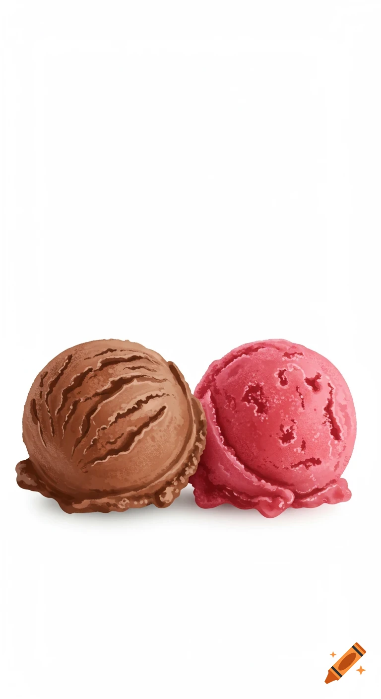 Two scoops of ice cream, one chocolate and one raspberry, on a white background.