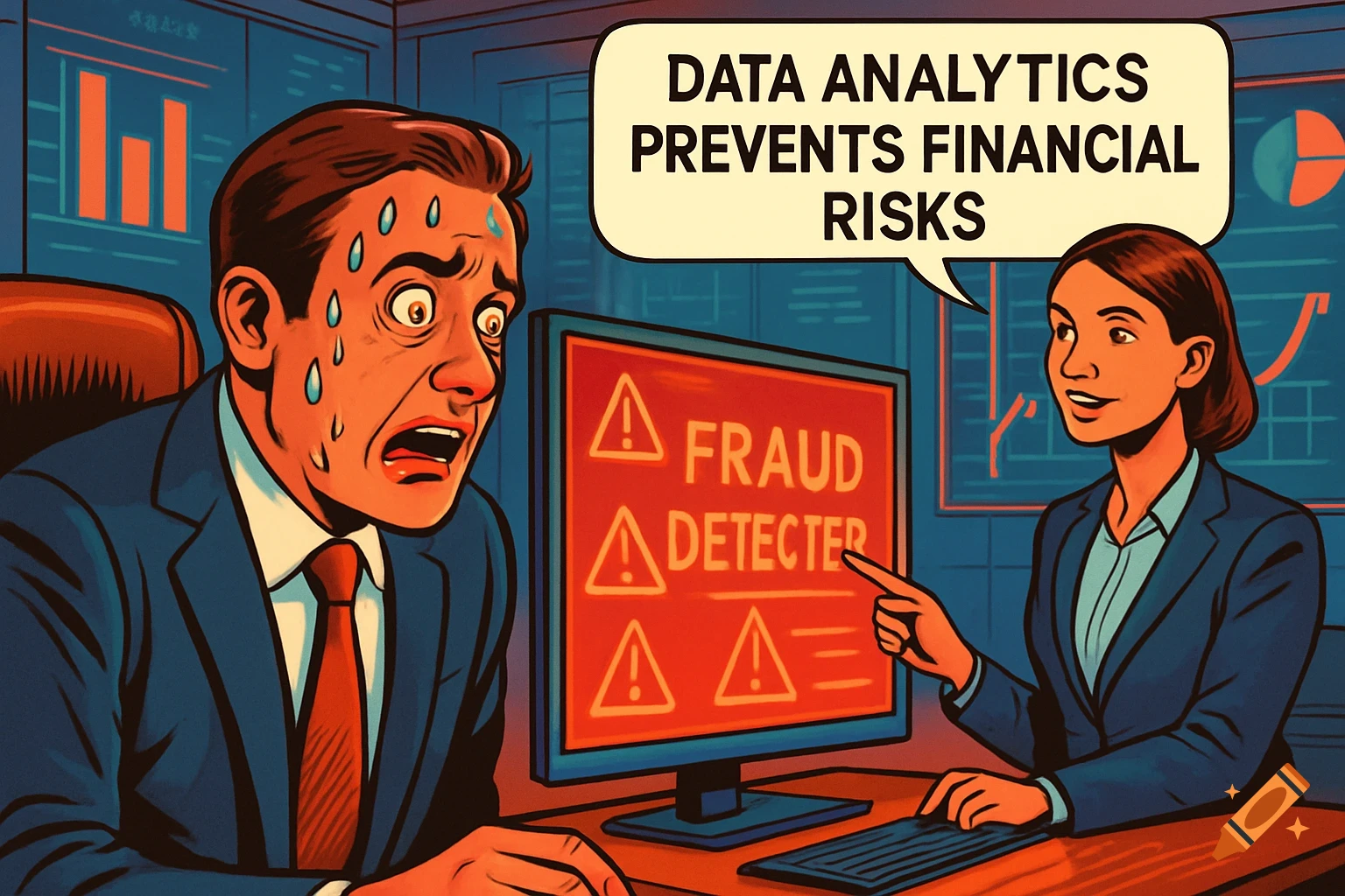 Comic style illustration of a sweating man in a suit looking at a computer screen displaying 'FRAUD DETECTER' alerts, while a woman points to the screen with a speech bubble saying 'DATA ANALYTICS PREVENTS FINANCIAL RISKS'.