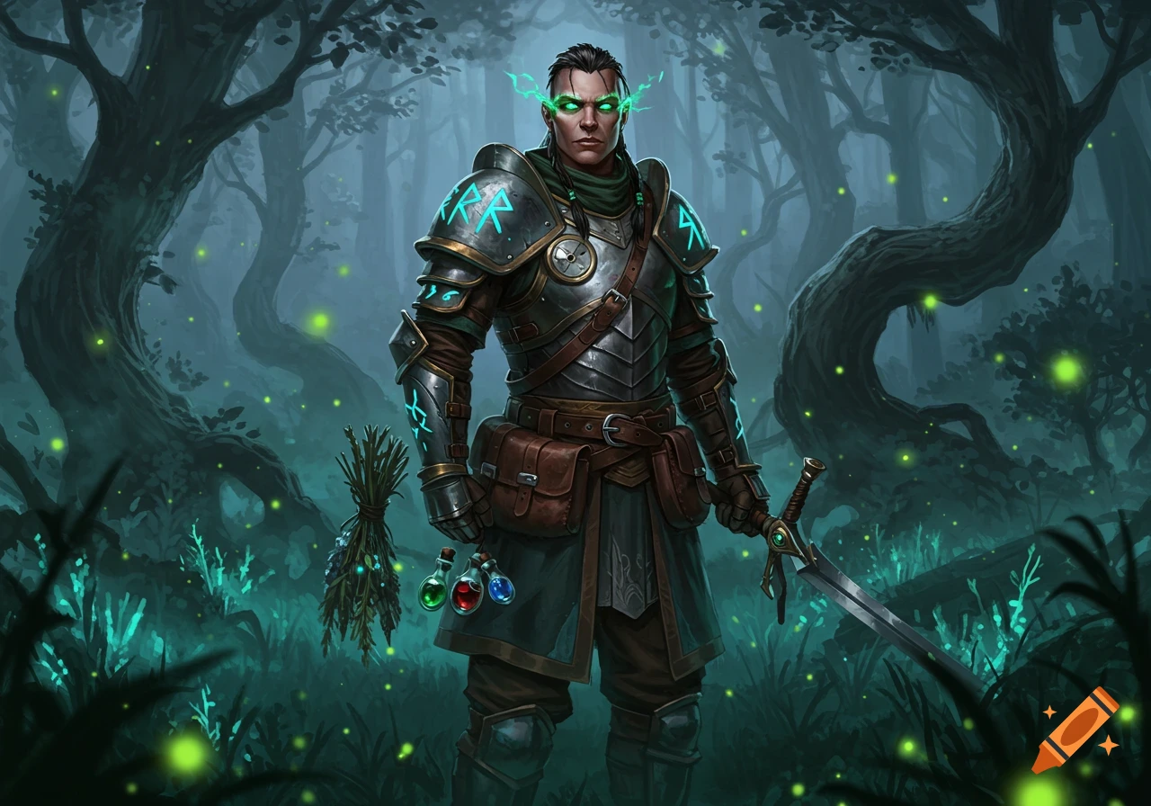 A male warrior with glowing green eyes and armor with glowing runes stands in a dark, misty forest with fireflies. He holds a sword and a bundle of herbs.