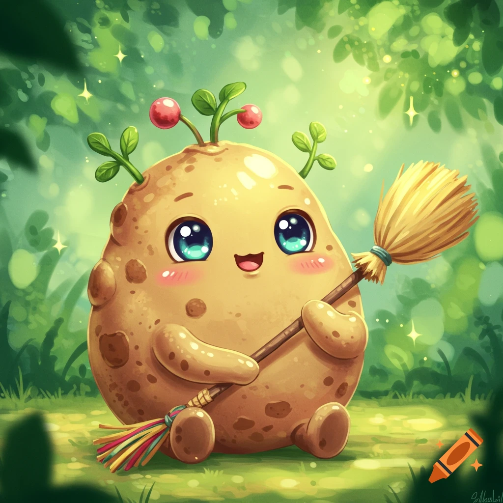 A cute anime-style potato monster with big sparkling eyes, rosy cheeks, and green sprouts, holding a small broom in a magical green forest.