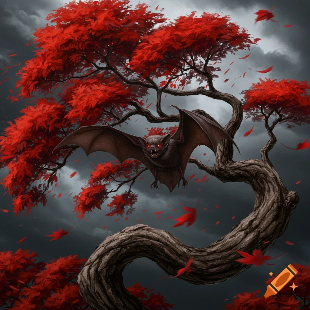 A scary bat with glowing red eyes clings to a gnarled Japanese maple tree under a dark, windy sky with red leaves falling.