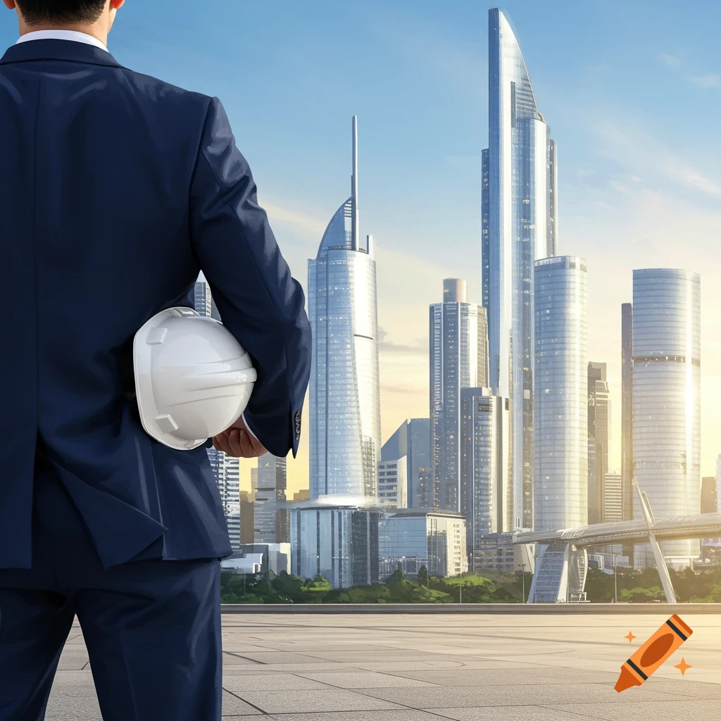 A man in a suit holds a white hard hat while standing on a rooftop overlooking a modern cityscape at sunset.