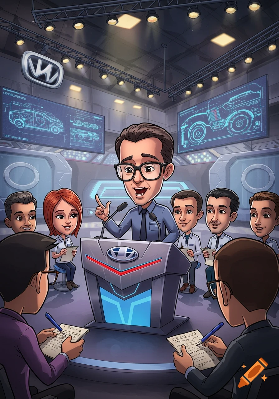 A cartoon-style image shows a man speaking at a podium with a logo. People in the audience take notes, and screens display car blueprints.