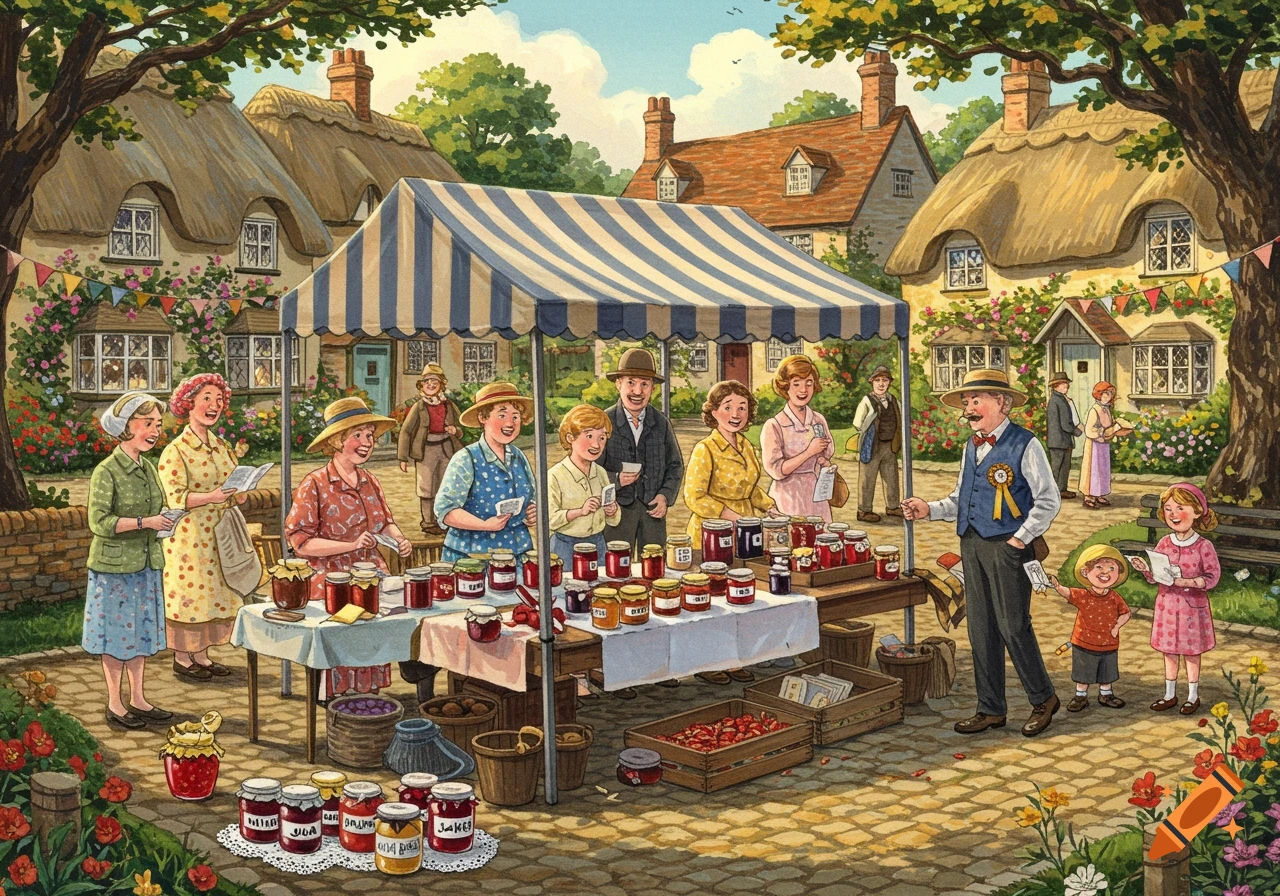 An illustration of a bustling jam judging competition in a quaint rural English village, with people gathered around stalls.