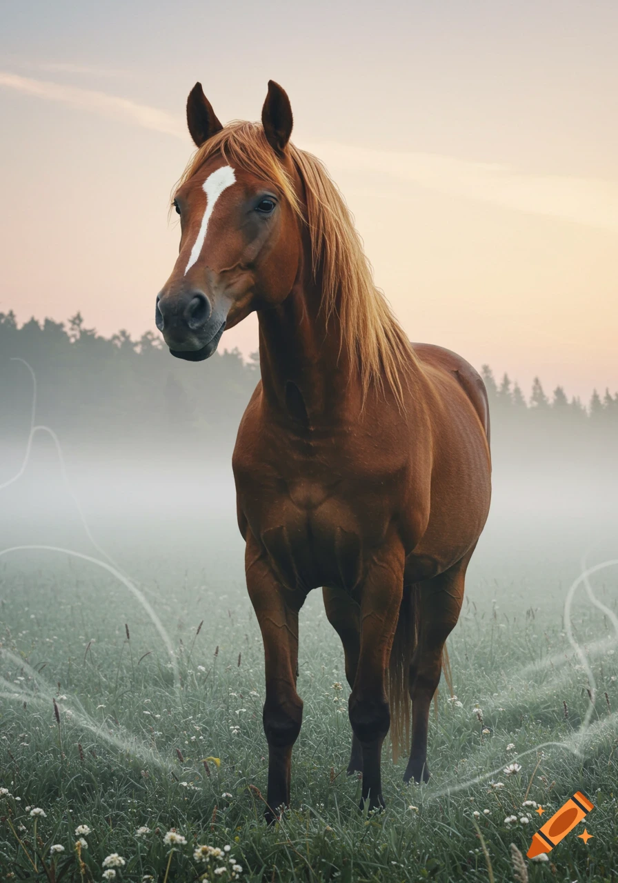 A majestic brown horse with a white blaze stands in a misty, dewy green field with small white flowers at sunrise.