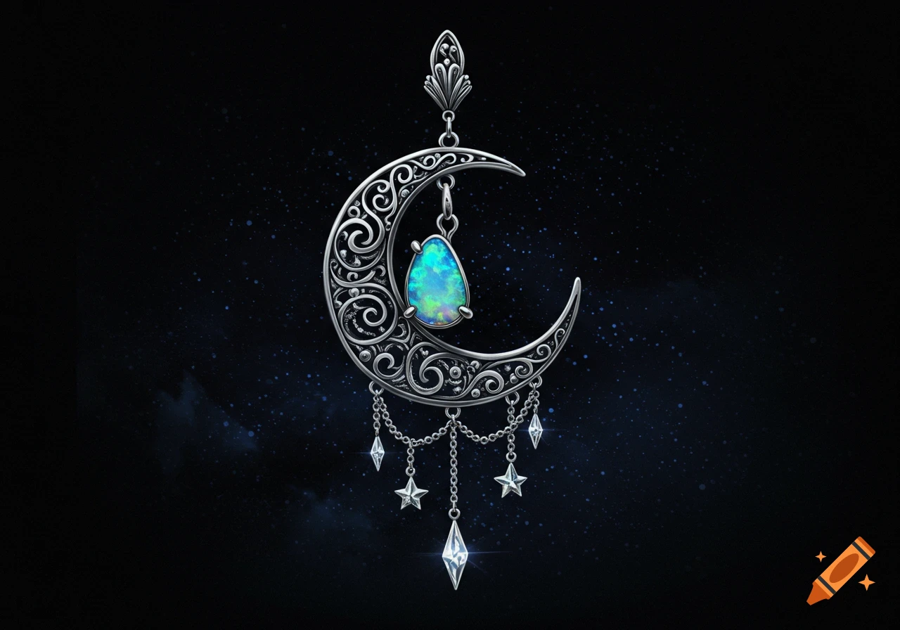 A silver crescent moon earring with intricate filigree, an iridescent opal, and dangling stars and crystals against a dark, starry background.