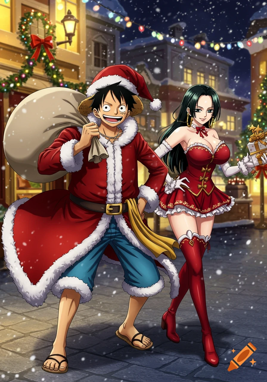 Anime characters Luffy and Hancock dressed as Mr. and Mrs. Claus, carrying presents on a snowy Christmas street.