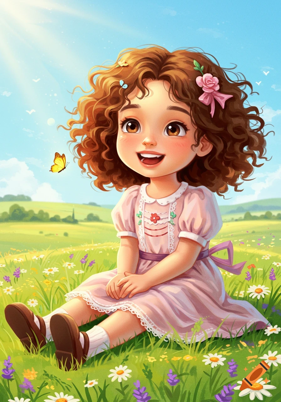 A smiling cartoon girl with curly brown hair sits in a sunny green field with flowers and a butterfly.