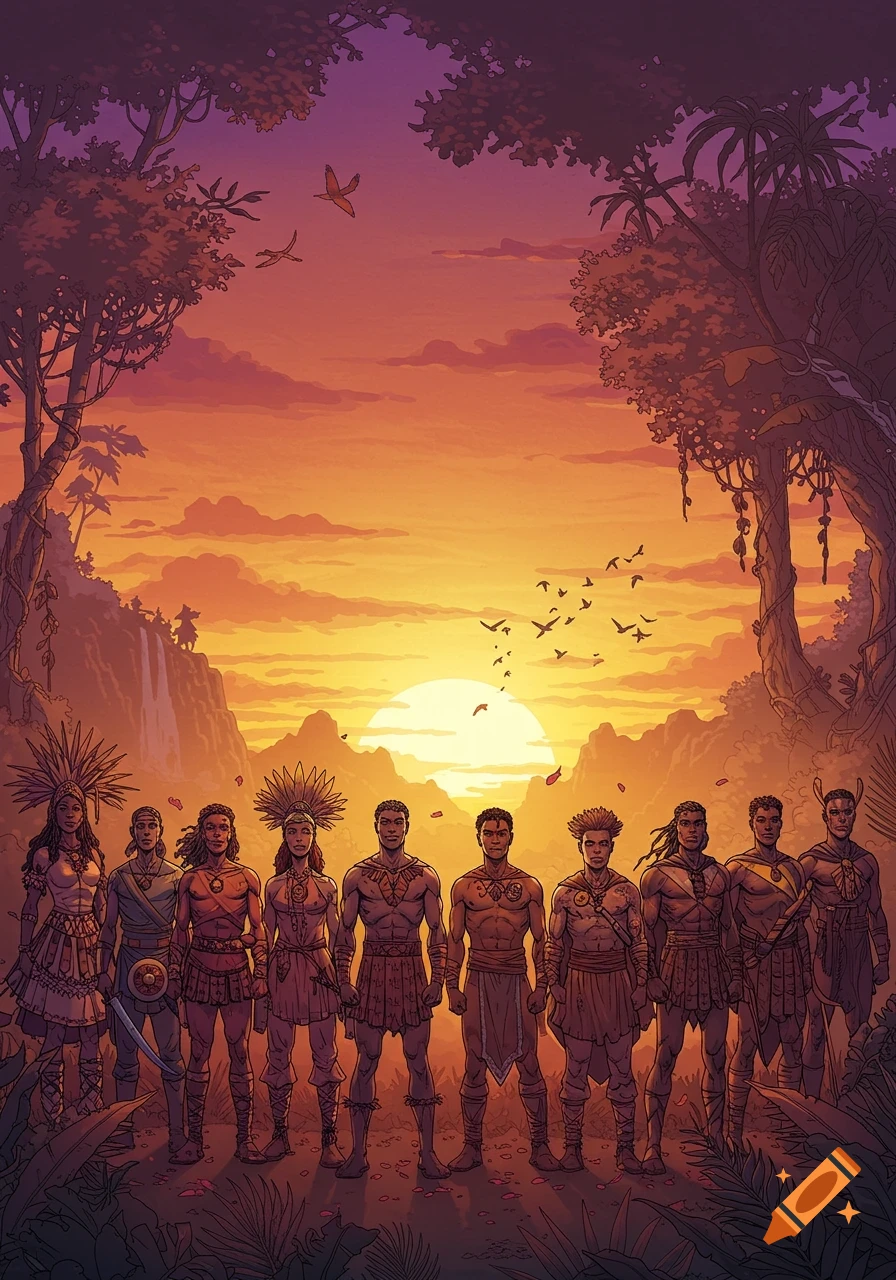 A diverse group of people in traditional attire standing in a jungle setting at sunset, comic book illustration style.