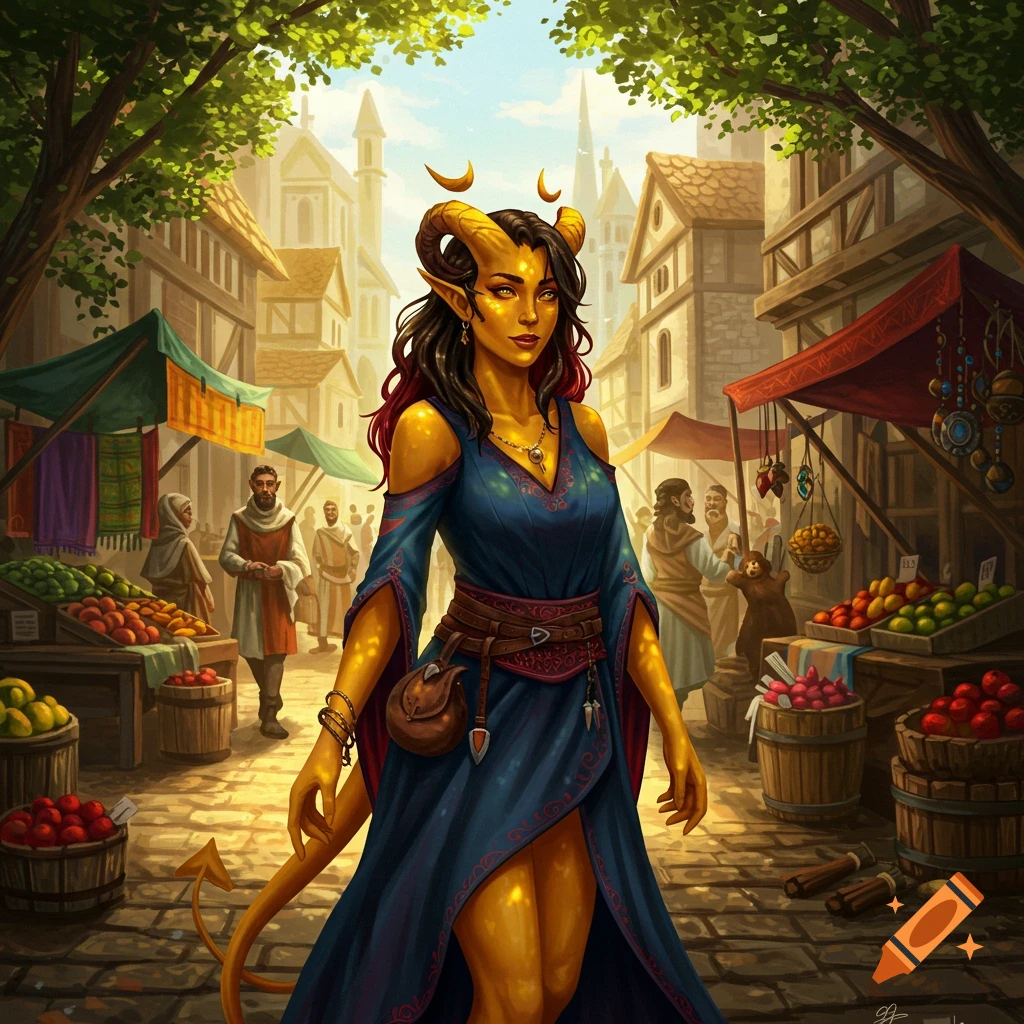 A yellow-skinned Tiefling woman with horns and a tail walks through a bustling medieval market square.