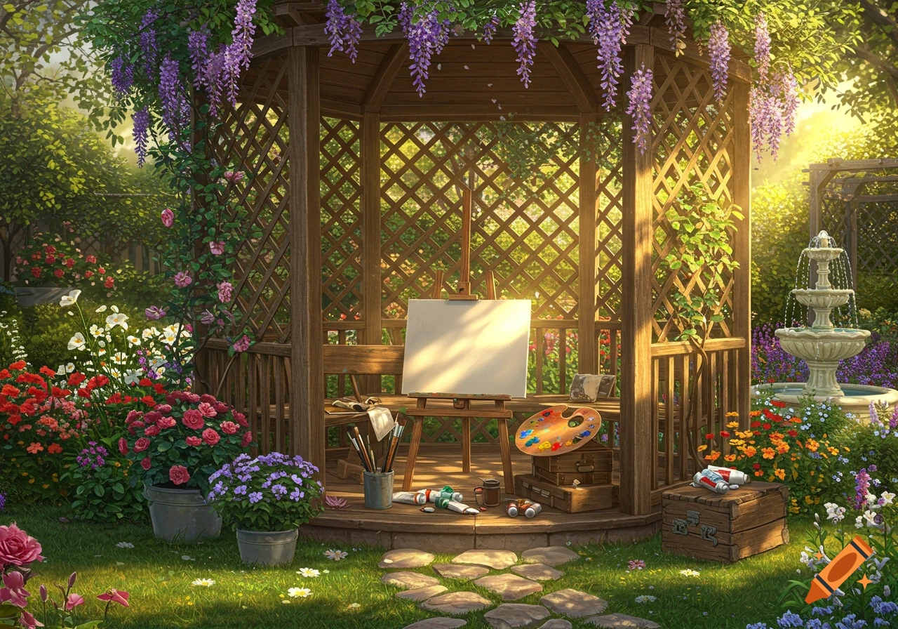 A sunlit wooden gazebo in a lush garden with an easel and art supplies, surrounded by vibrant flowers and a bubbling fountain.