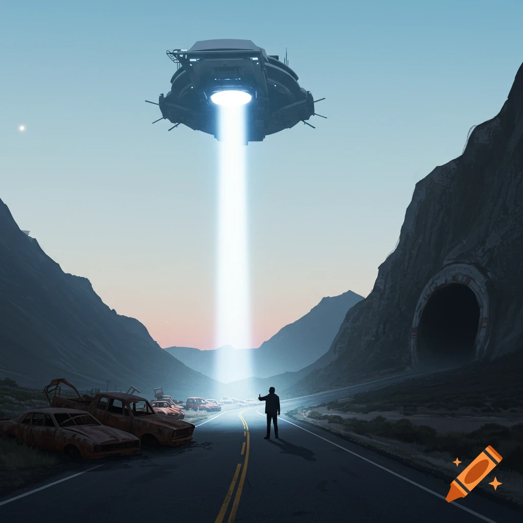 A lone person on a highway looks up at a UFO shining a bright beam of light, with wrecked cars and a mountain tunnel.