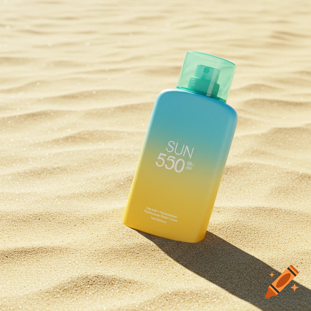 A light blue and yellow gradient sunscreen bottle stands upright in the golden sand on a sunny beach.