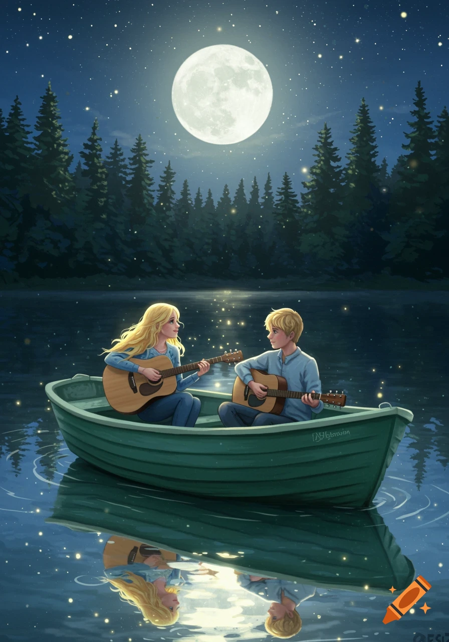 Illustrated scene of a blonde man and woman playing acoustic guitars in a green boat on a moonlit lake with a forest background.