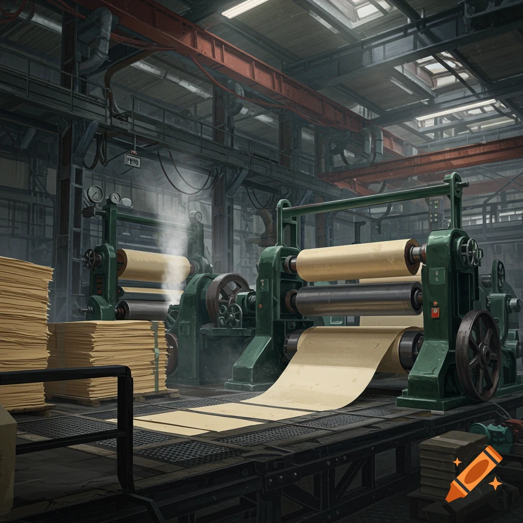 An industrial paper factory interior with large green machines, paper rolls, and stacks of paper.