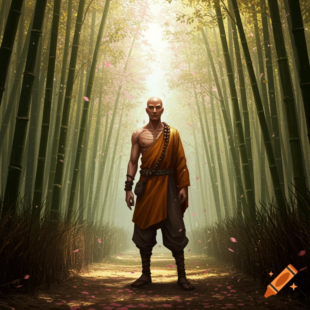 A bald monk stands in a sunlit bamboo forest with pink petals falling, in a detailed, illustrative style.