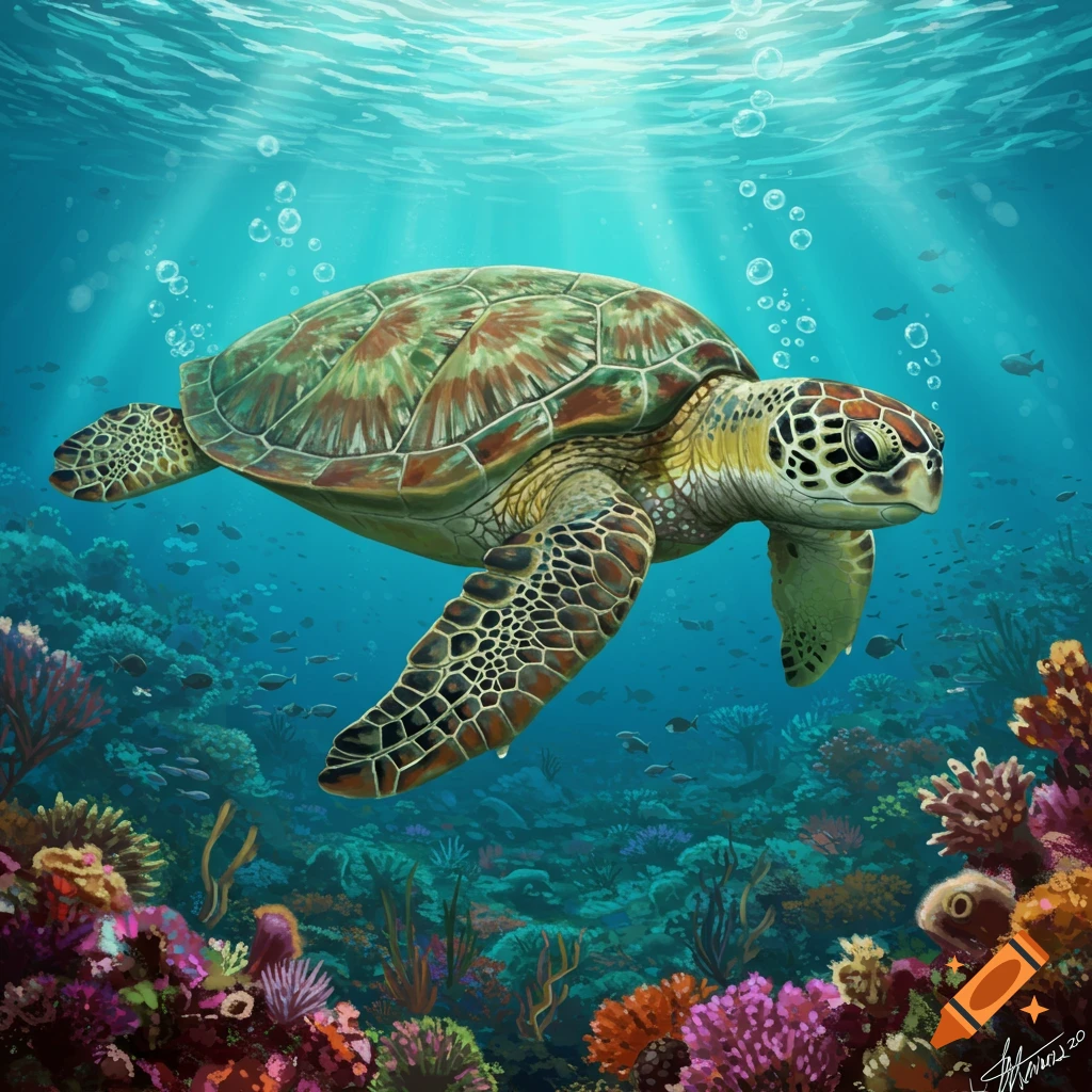 A vibrant digital illustration of a green sea turtle swimming over a colorful coral reef in sunlit blue water.