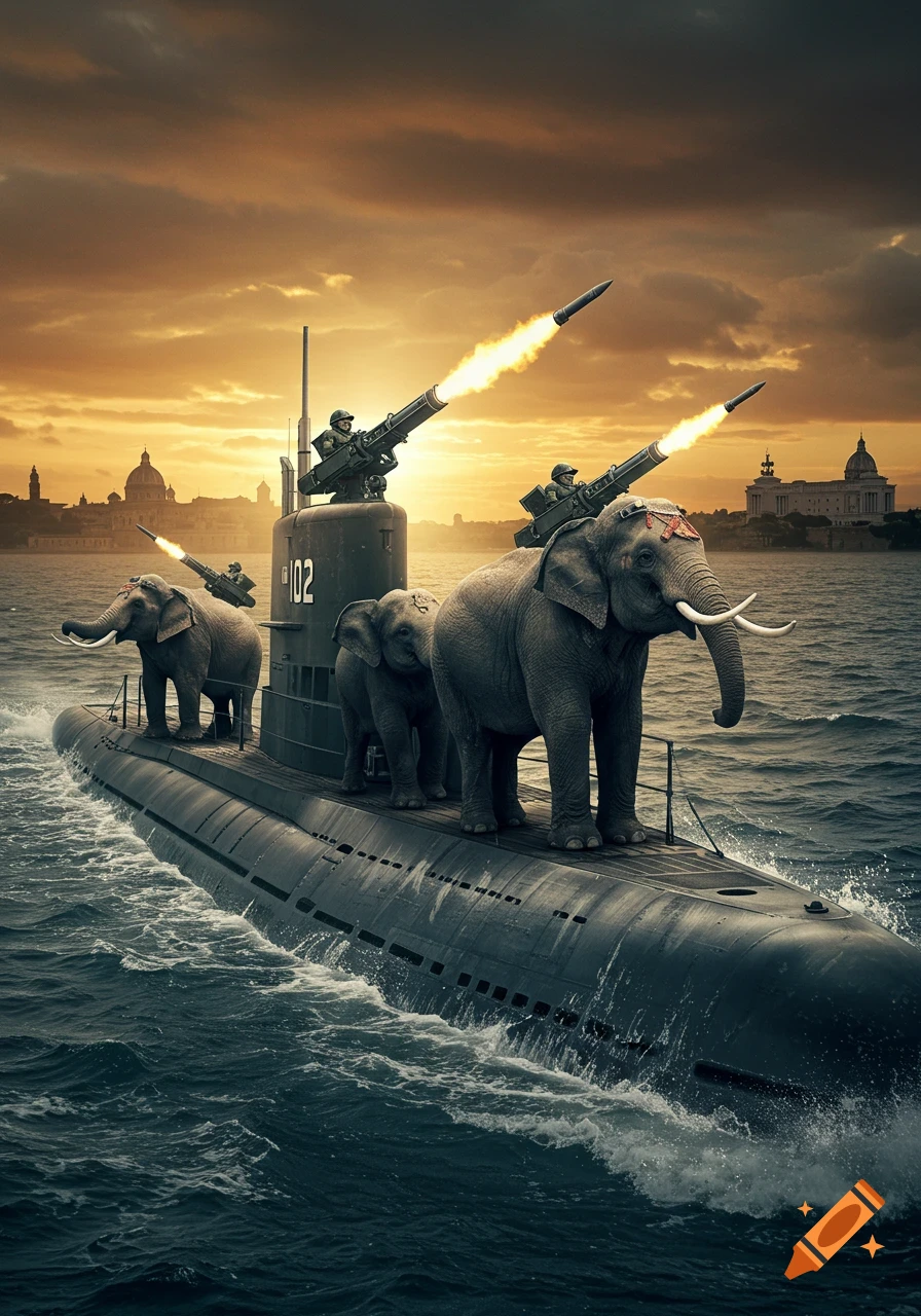 A surreal photorealistic image shows elephants on a submarine launching missiles at a distant city during sunset.