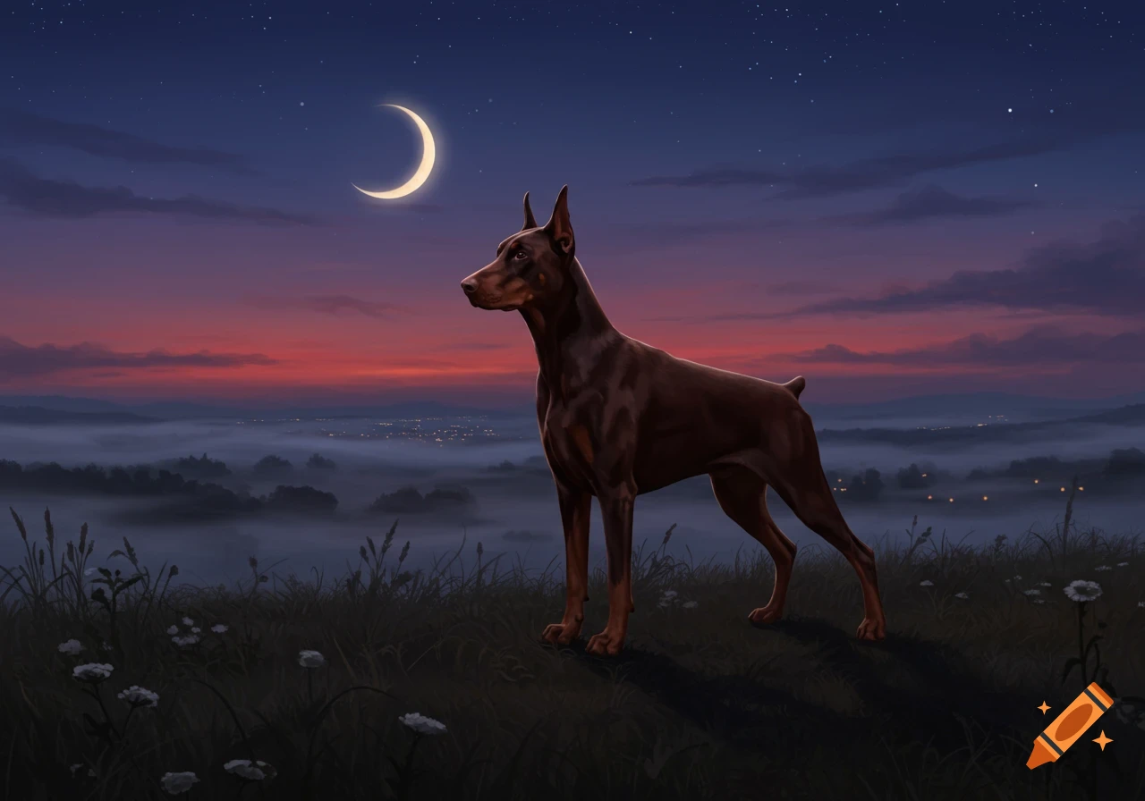 A Doberman dog stands on a grassy hill under a crescent moon at twilight, overlooking a misty valley.
