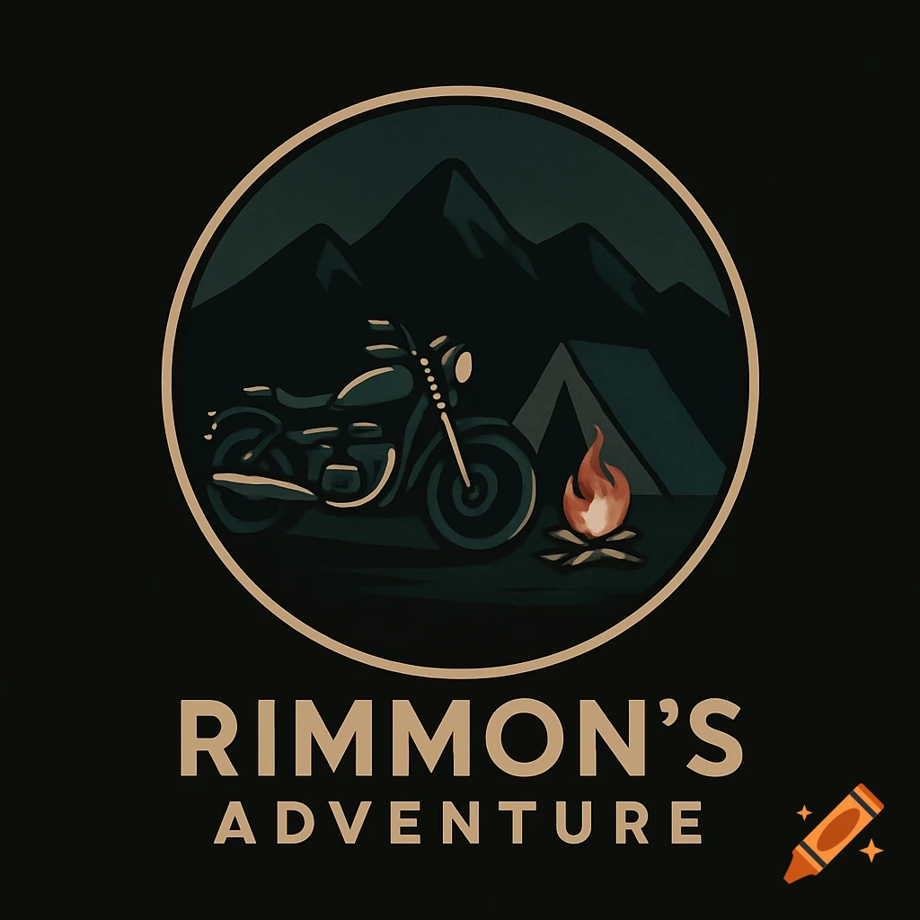 Circular logo with a vintage-style illustration of a motorcycle, tent, campfire, and mountains, with "Rimmon's Adventure" text.
