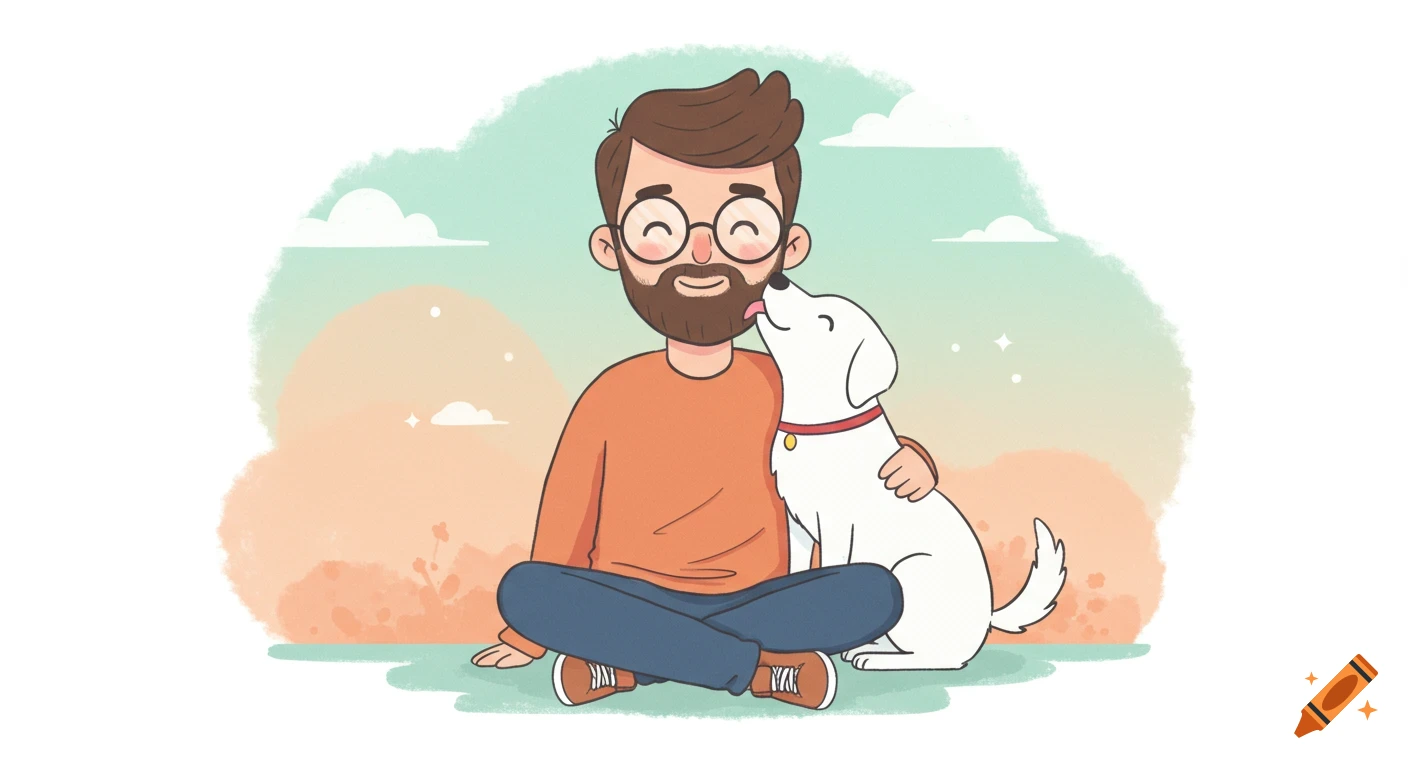 A smiling cartoon man with glasses and a beard sits cross-legged, holding a white dog that licks his cheek, set against a soft pastel background.