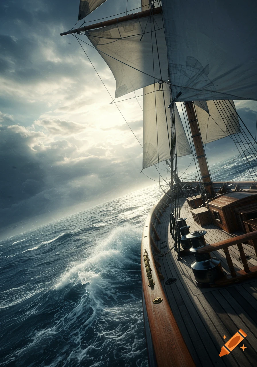 A dramatic, photorealistic view from the deck of a sailboat on a stormy, sun-drenched ocean, with large waves and heavy clouds.