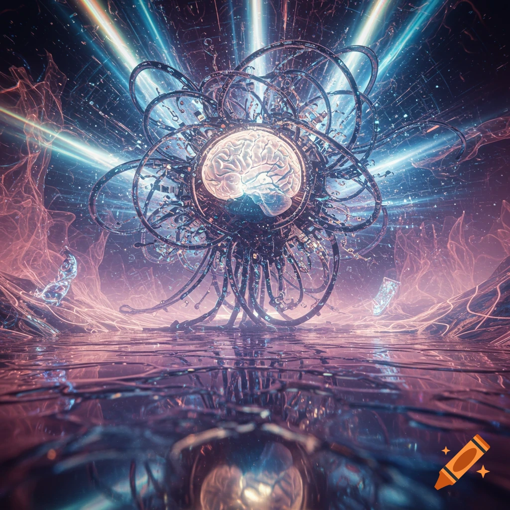 A glowing brain centerpiece within an intricate, mechanical-organic structure, surrounded by ethereal blue and purple light beams, reflecting on a liquid surface in a futuristic, abstract style.