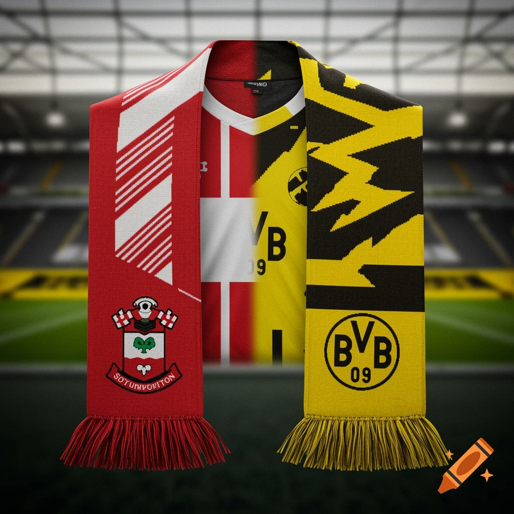 A half-and-half football scarf, red and white striped with a crest on one side, and yellow and black with a lightning pattern and 'BVB 09' logo on the other, against a blurry stadium background.