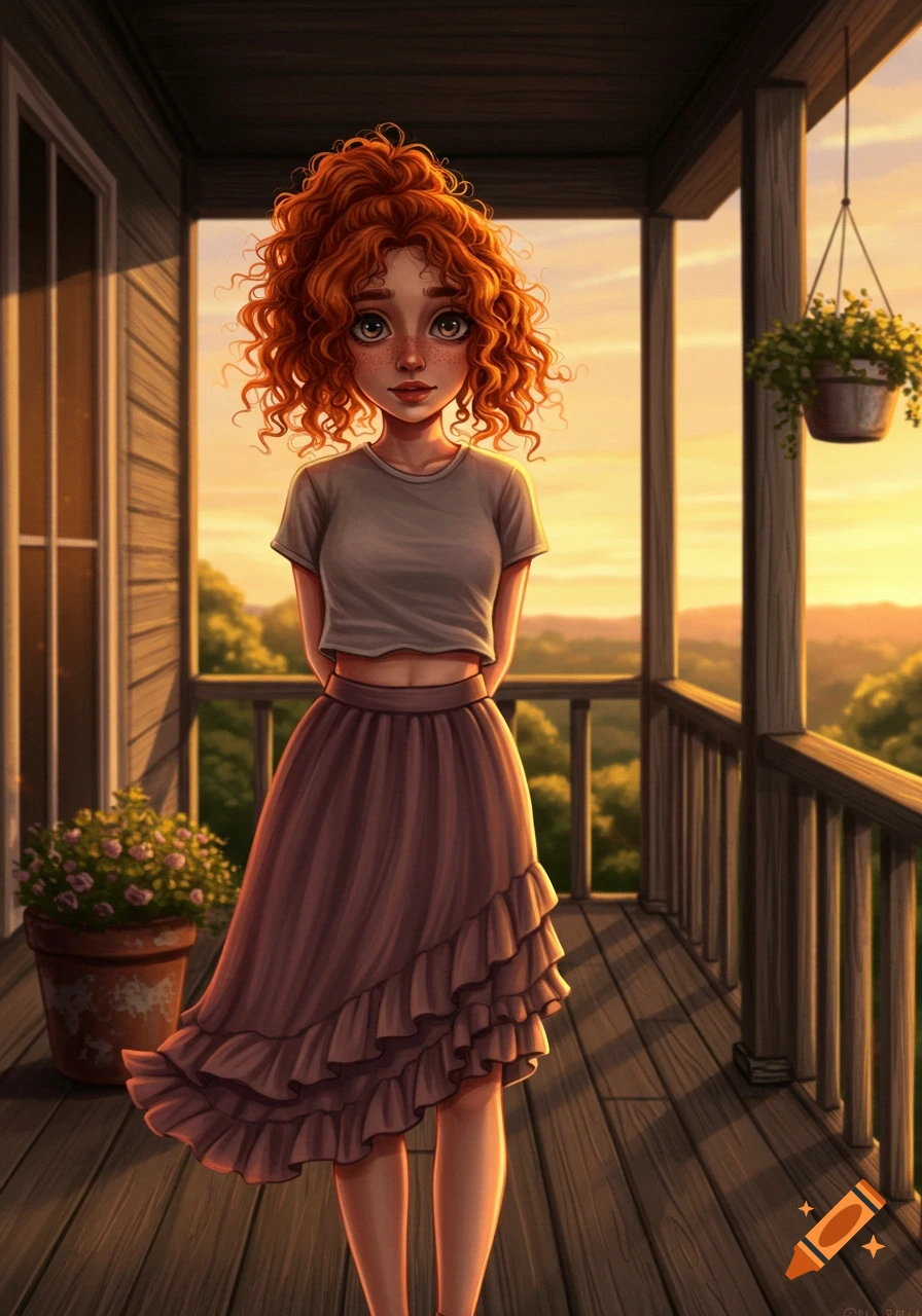 Digital illustration of a shy, red-haired woman with curly hair standing on a wooden porch at sunset, hands behind her back.