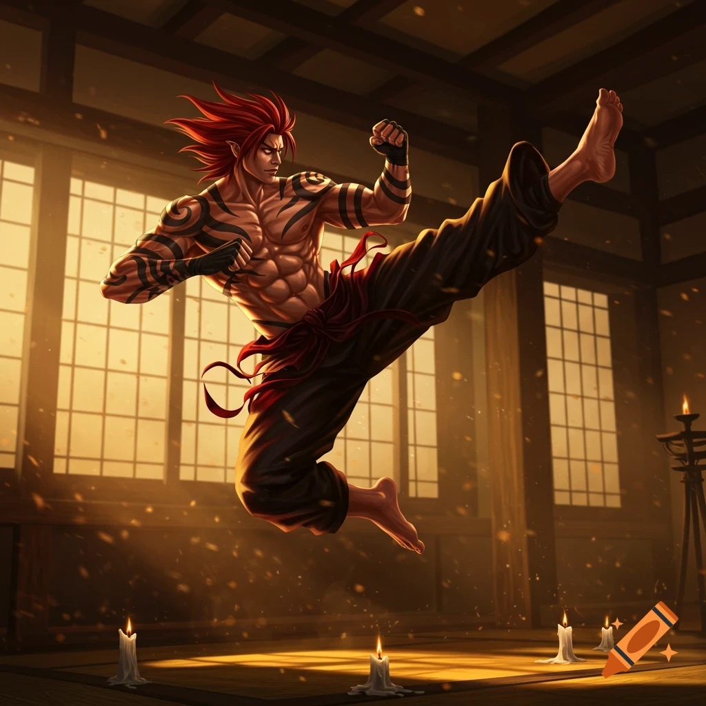 A muscular red-haired anime martial artist with tattoos jumps mid-air, performing a kick in a candle-lit dojo.