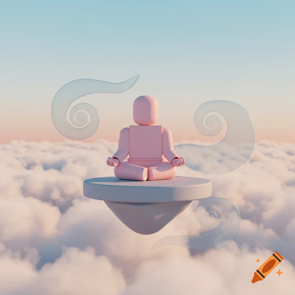 A pink, blocky figure meditates on a floating disc above clouds, with ethereal swirls, against a pastel sky. Stylized 3D render.