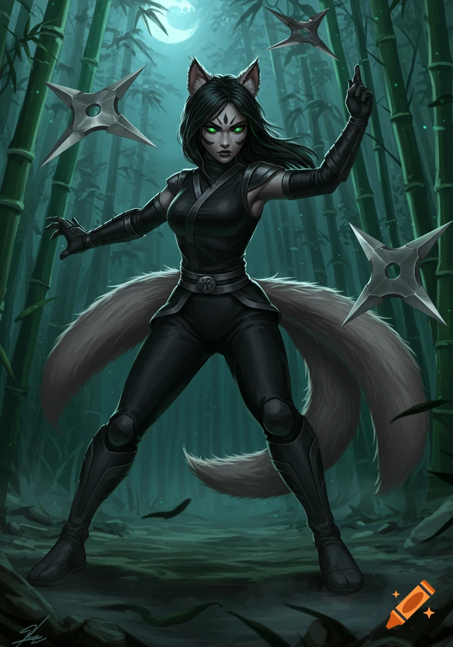 A female kitsune ninja in a black outfit stands ready with shurikens in a dark bamboo forest under a moonlit sky.