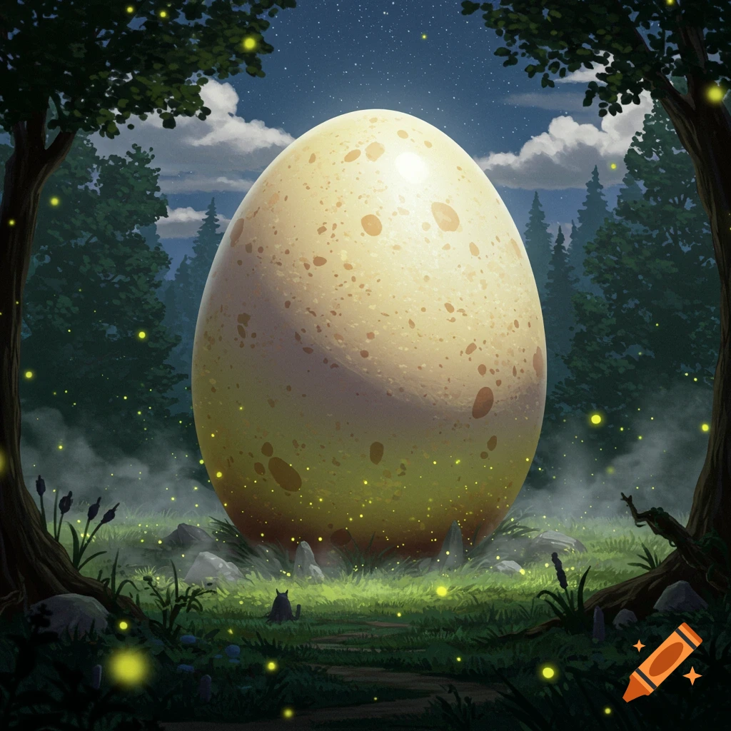 A large spotted egg sits in a magical forest at night, surrounded by glowing fireflies.