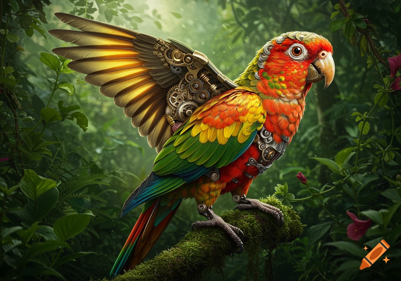 A colorful mechanical parrot with golden wings and intricate gears perched on a mossy branch in a vibrant jungle.