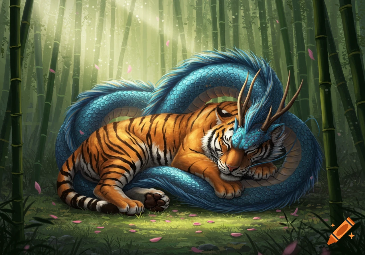 A sleeping orange tiger curled up with a blue Chinese dragon in a bamboo forest with pink petals.