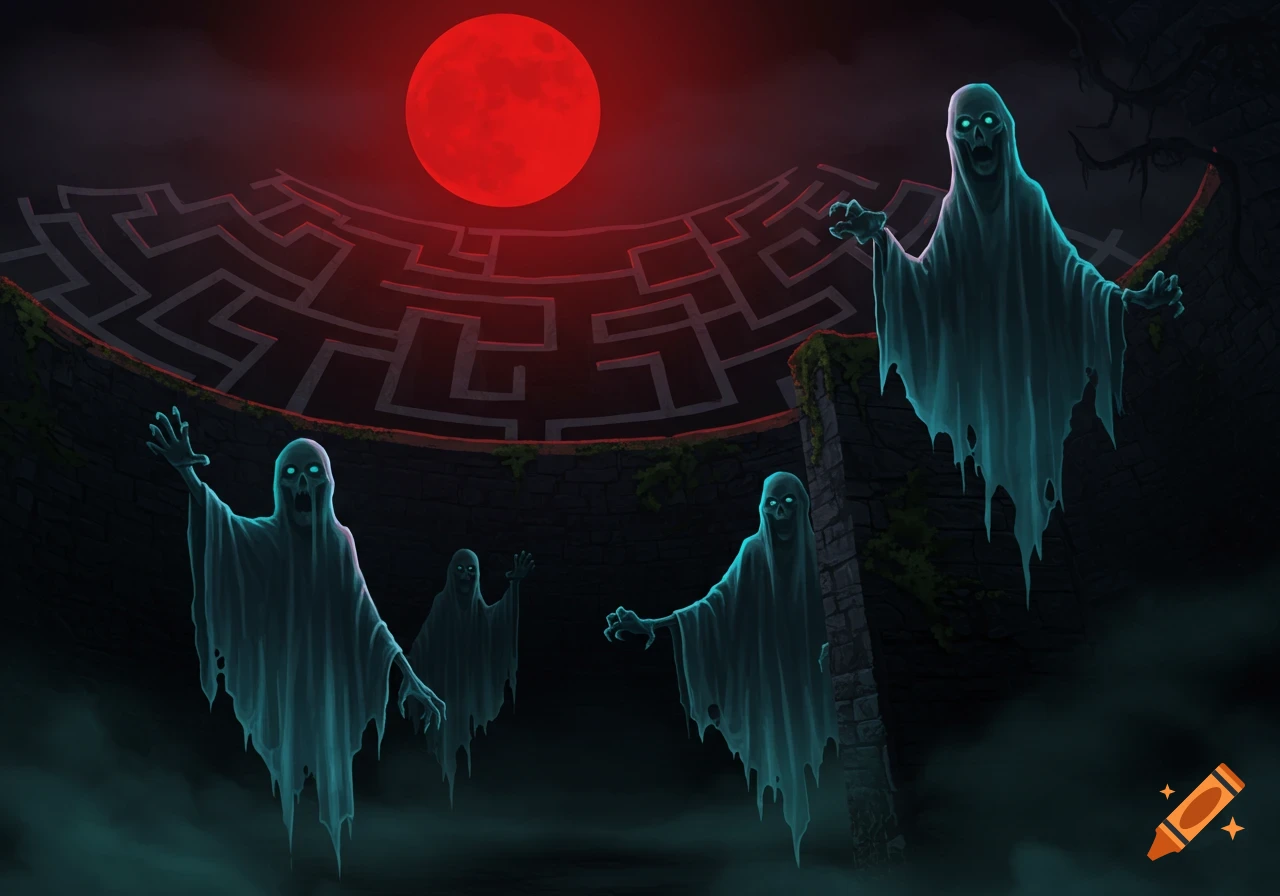 Four ghoulish ghosts with glowing eyes float menacingly above a dark stone maze under a blood-red moon, in an 80s horror movie poster style illustration.