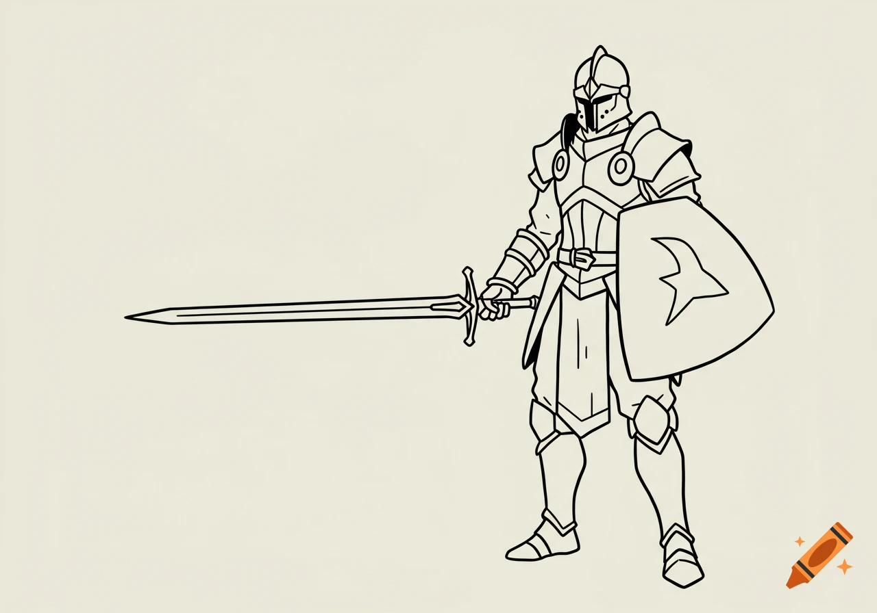 Outline vector drawing of a knight in full armor holding a sword and shield.