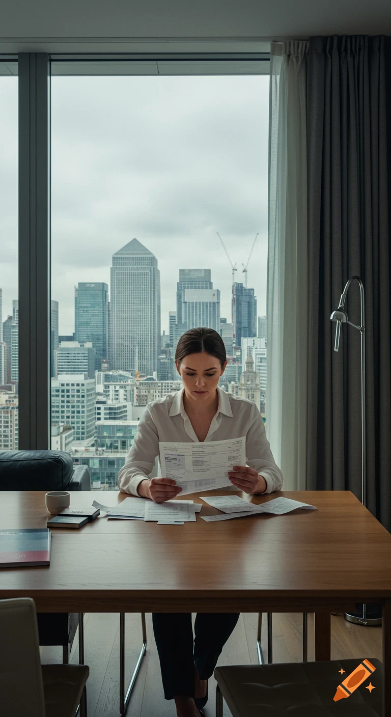 A woman in a white shirt sits at a wooden desk, reading documents with a city skyline visible through the window.