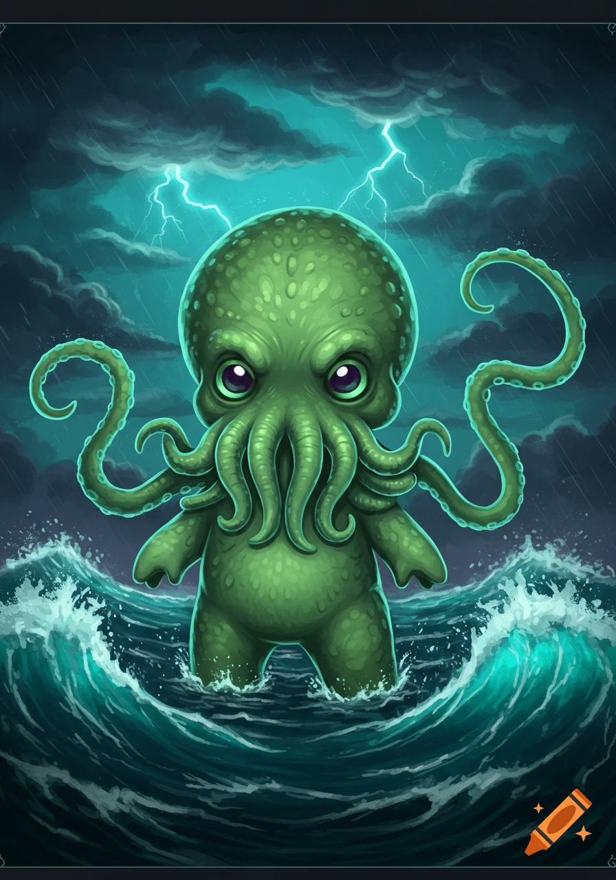 Cute, green Cthulhu-like creature with tentacles stands in stormy ocean waves under a lightning sky, illustration style.