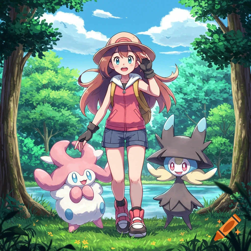 An anime-style Pokémon trainer and two Pokémon, Hatenna and another, walk through a lush green forest beside a stream under a blue sky.