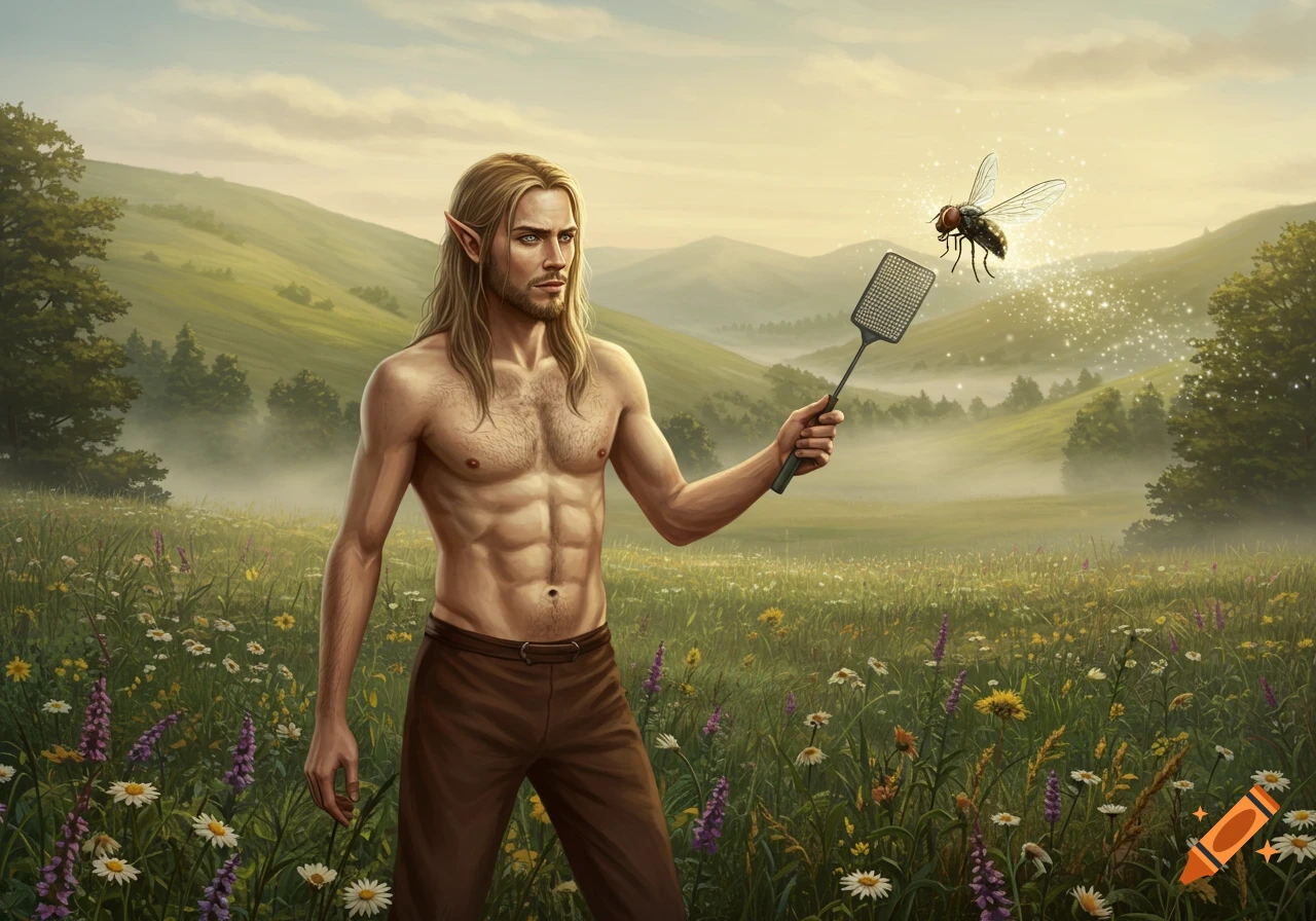 A shirtless, long-haired elf-like man with a fly swatter faces a large fly in a lush, rolling fantasy landscape.