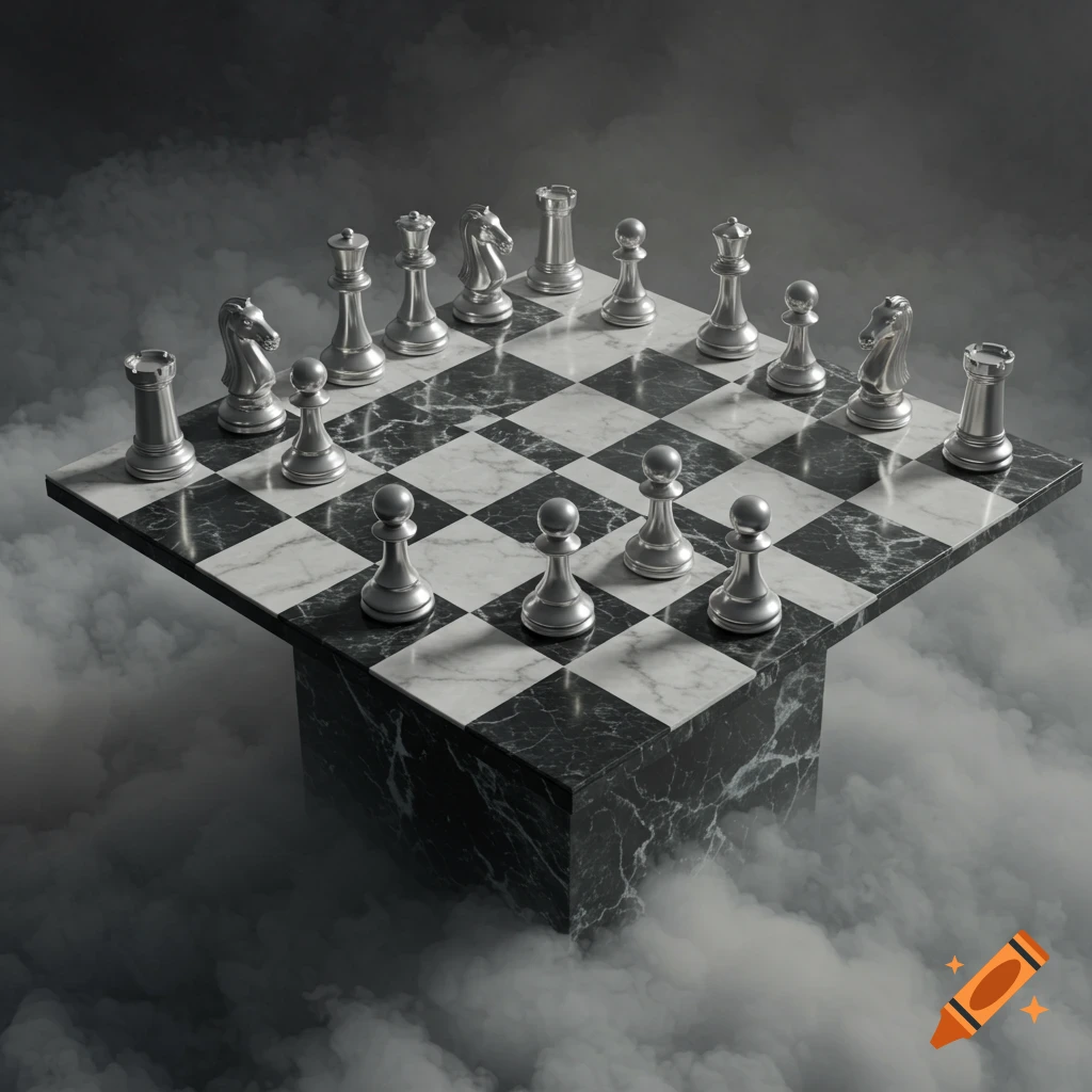 A black and white marble 4x4 chessboard with silver chess pieces floating in dark smoke.