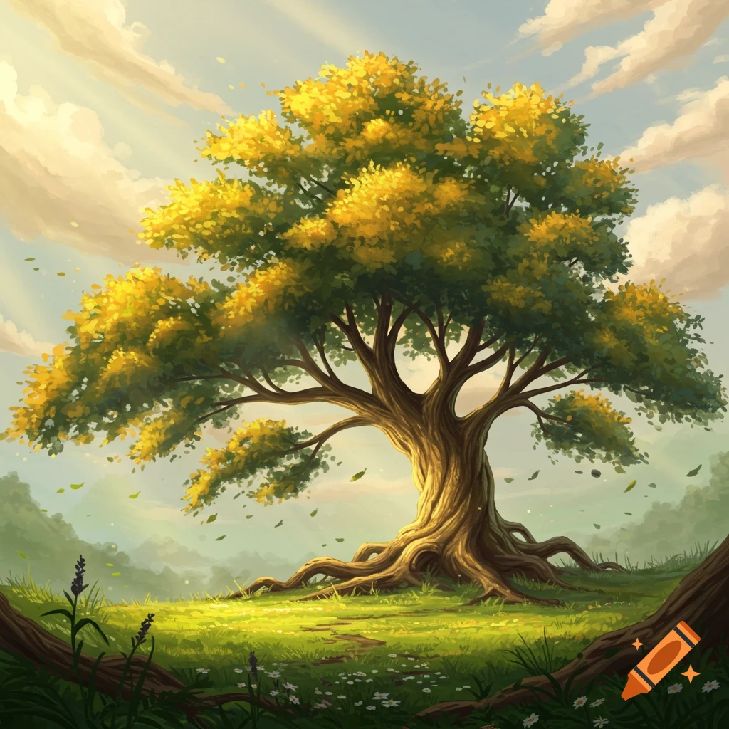 A large, vibrant tree with golden-green leaves and exposed roots stands in a sunlit grassy field under a cloudy sky.