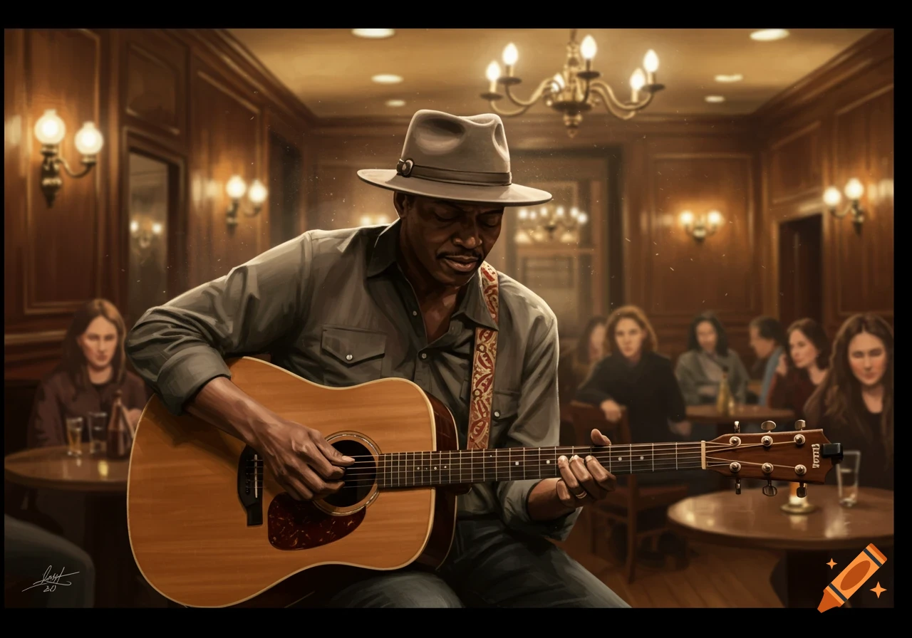A man in a porkpie hat plays an acoustic guitar in a warmly lit, classic pub, with blurred patrons in the background.