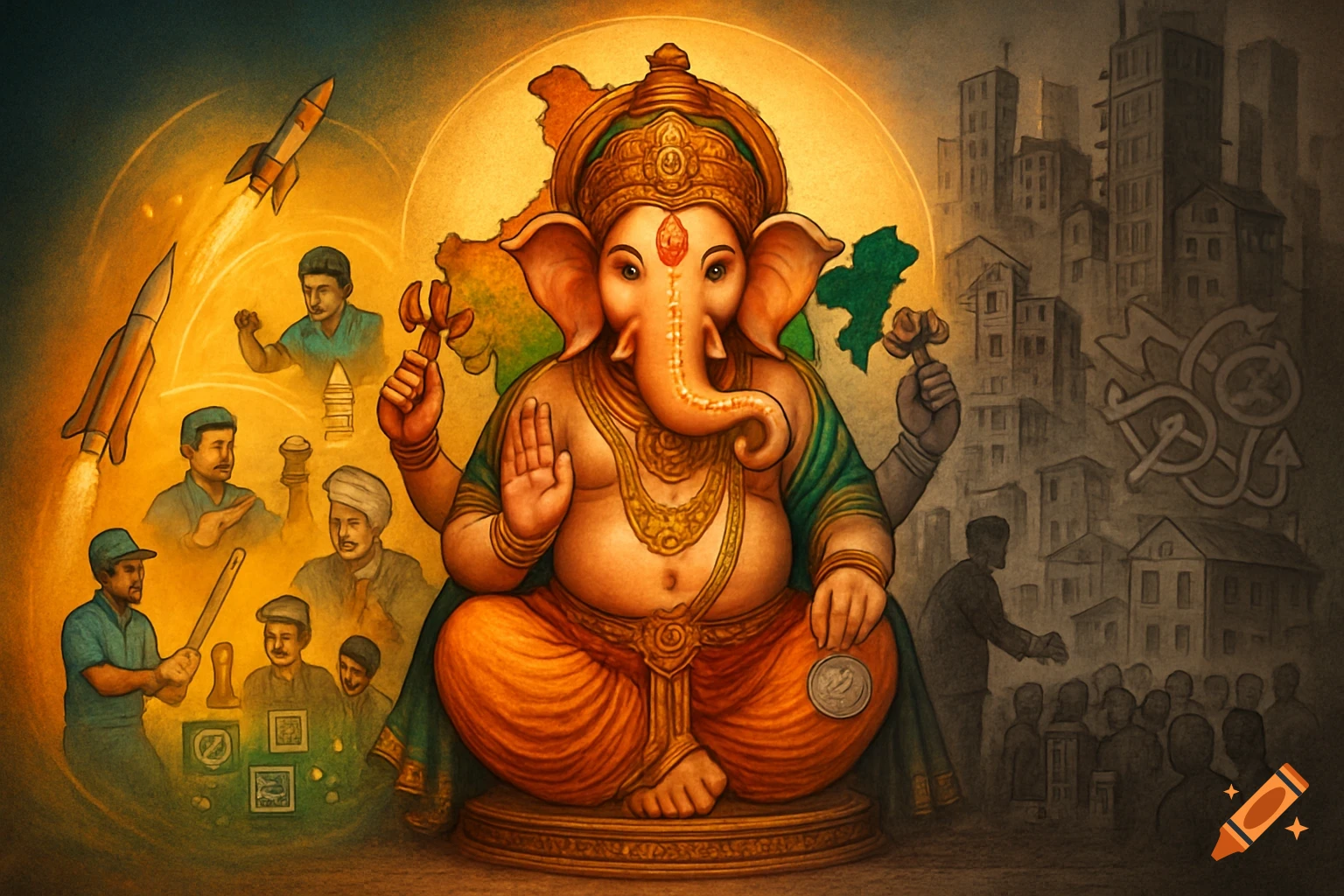 Stylized depiction of Ganesha sitting with a map of India as a halo, flanked by symbols of India's progress like rockets and sports on the left, and urban decline on the right.