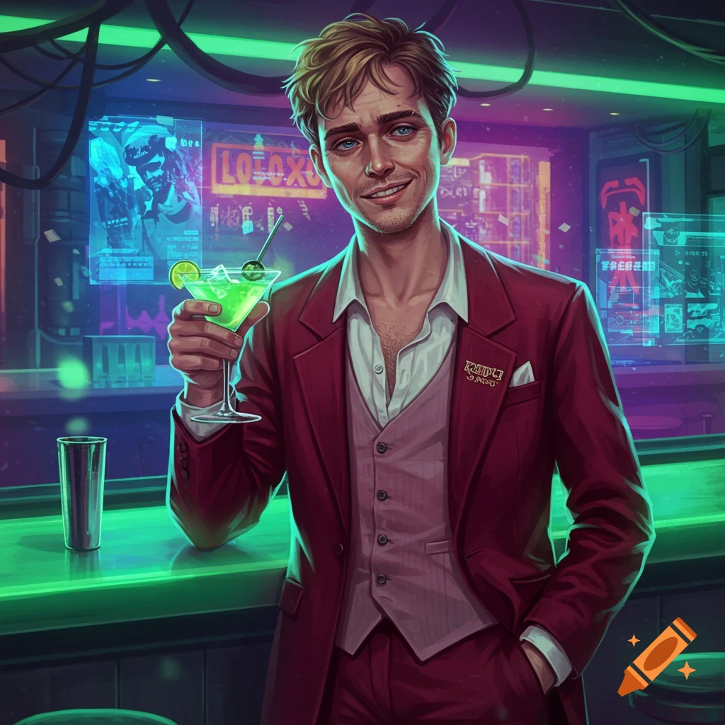 A smiling, scruffy-looking man in a red suit holds a green cocktail at a bar with glowing neon lights and holographic screens, in a cyberpunk style.