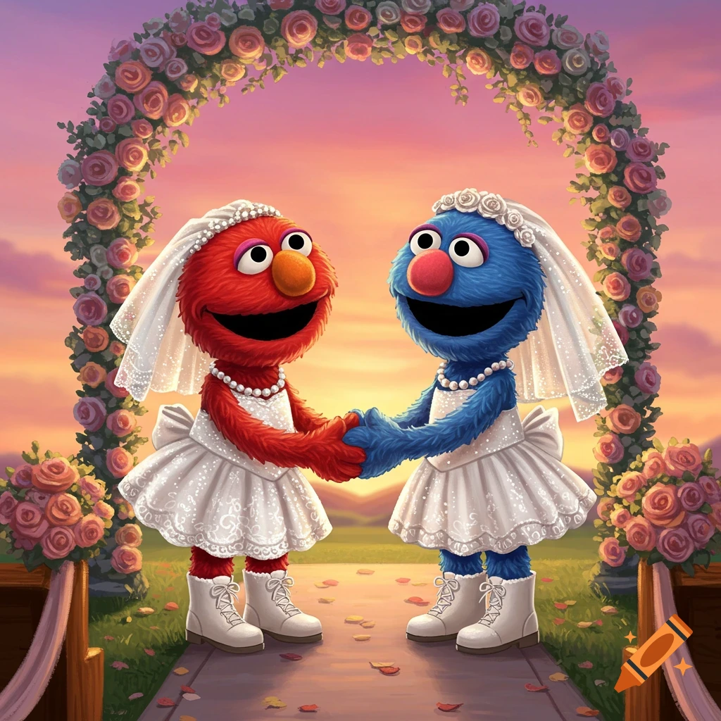 Elmo and Grover holding hands in wedding dresses and white boots under a flower arch.